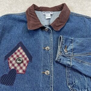 Vtg Haik's Denim Chore Coat Barn Jacket Woman's Large Blue 100% Cotton Appliqué